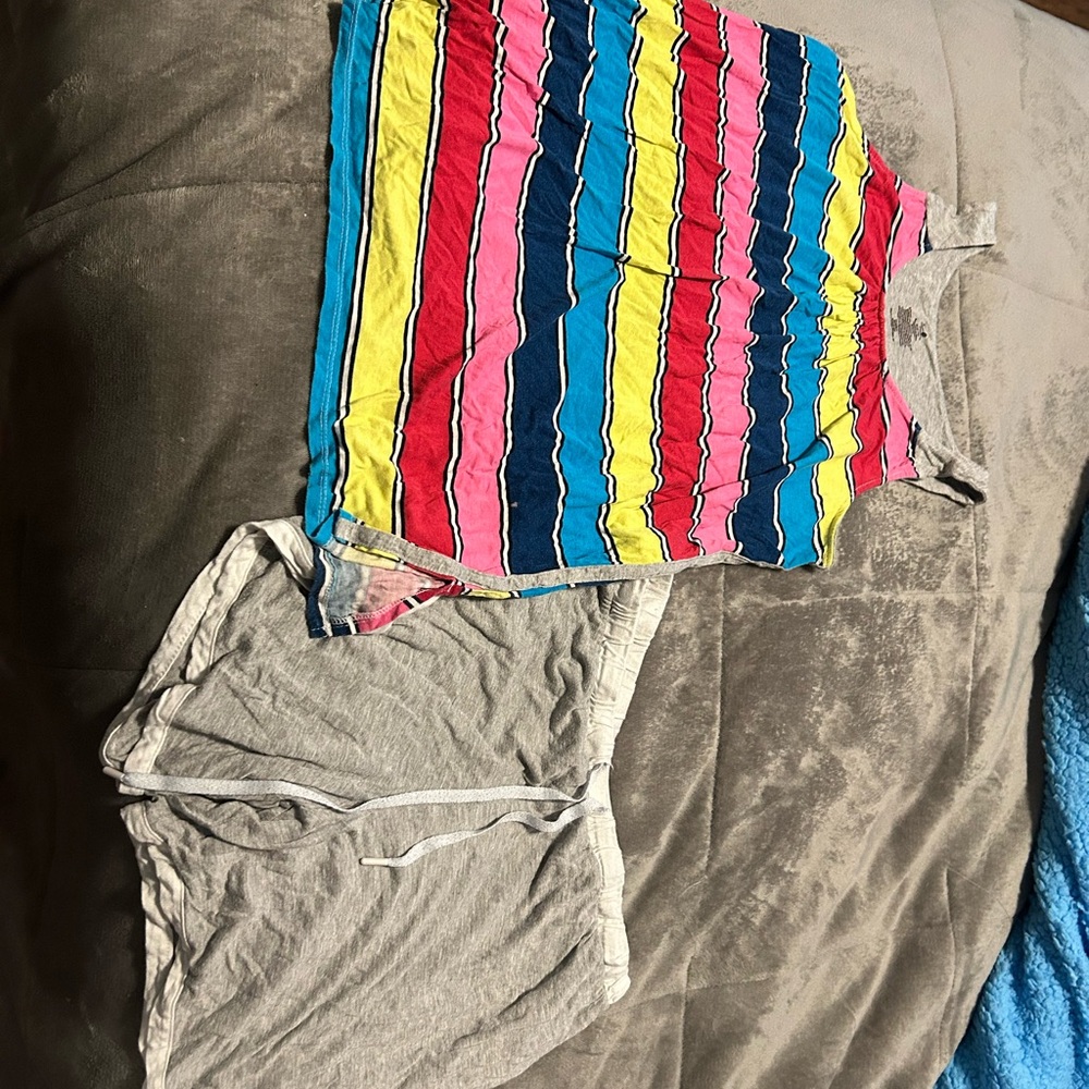 Colorful Striped Tank Top and Gray Shorts Set